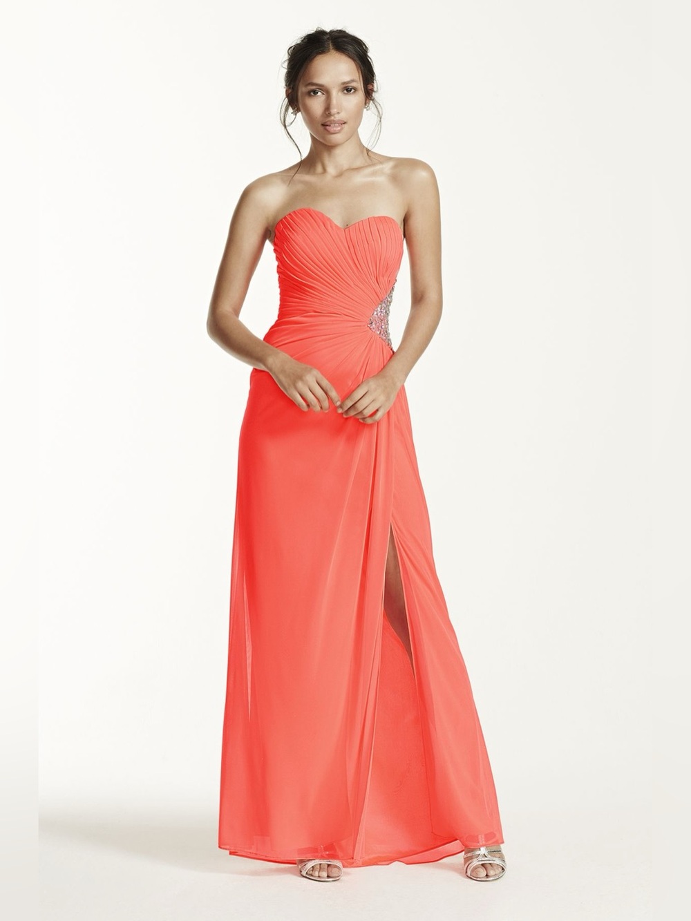 David's Bridal Coral Strapless Sweetheart Gown with Side Slit